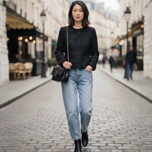 PINK TARTAN NEW Metallic Tweed Zipper Jacket Blazer Lined Bell Sleeves Chiffon 8